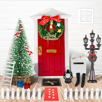 14 KS Mini dom Elf Dvere Vianočné Dekorácie Nastaviť Miniatúrne scény Drevené dvere Elf príslušenstvo DIY Darčeky pre Childrendoor