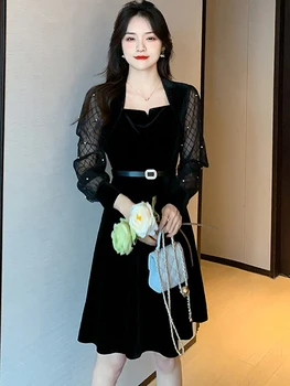 2023 Black Velvet Patchwork Oka Sexy Klub Mini Šaty Žien Fashon Luxusné Strany Noc Šaty Jeseň Zima Kórejský Elegantné Prom Šaty