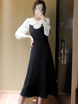 2023 New Black Patchwork Čipky Dlhý Rukáv Midi Šaty Ženy Móda Elegantná Bábika Golier Šaty Jar Jeseň Kórejský Vintage Šaty