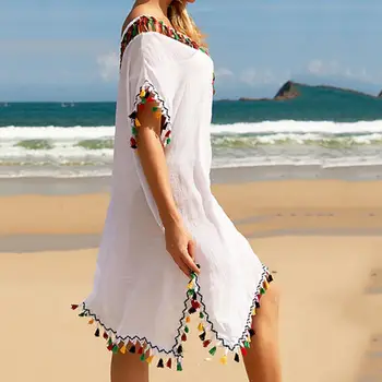Bikini Zakryť Farby Zodpovedajúce Strapec Letné Plážové Šaty Voľné Krátke Rukávy Nad Koleno Dĺžke Opaľovací Krém Šaty Dovolenku Oblečenie