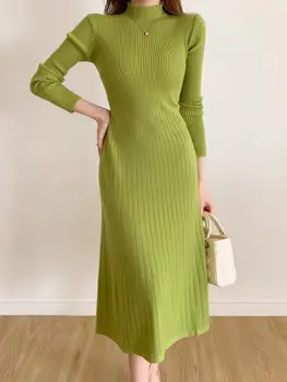Dlhý Rukáv Tlačidlo Pletené Dlhé Šaty Elegantné Zimné Svetre Zelená Farba Béžová
