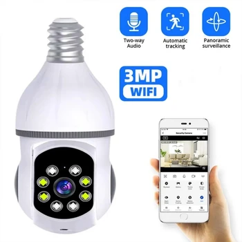 IP Kamera E27 3MP Žiarovka Farebná Wifi Krytý Mini Smart Home monitoring 360-stupeň Non-mŕtvy Uhol Kamery Baby Monitor Cam