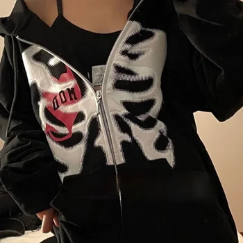 Kostra Nepravidelná Tlač Zip Hoodie Ženy Y2K Harajuku Anime Gotický Sveter s Kapucňou, Nadrozmerné Voľné Bežné Mikina Top Ženy