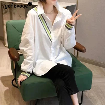Kórejský Jednoduché Pruhované Tlač Nadrozmerné Streetwear Nepravidelný Tunika Topy, Blúzky pre Ženy Bežné Dlhý Rukáv Tlačidlo Košele Oblečenie