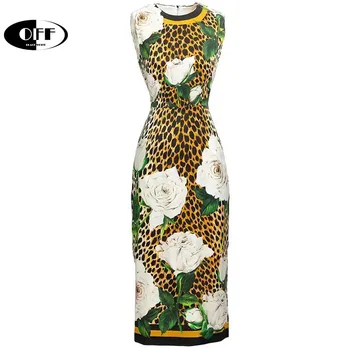 MIMO módny návrhár Leopard kvetinový tlač bodycon bez rukávov midi šaty pre ženy traf francúzsko leto, elegantné party nádrž šaty