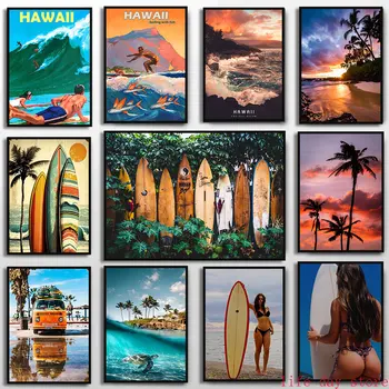 More, Pláž, Západ Slnka, Surfovať Plagát Tropical Palms Ocean Surf Plátno Na Maľovanie Vytlačí Havaj Cestovanie Krajiny Wall Art Domova