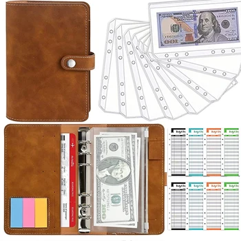 Nové PU Kožené A6 Binder Rozpočtu Plánovač Notebook Peňažné Obálky Organizátor Systém s jasnými Zips Vrecká Náklady Rozpočet Listov