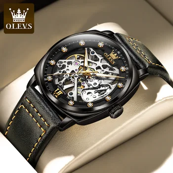 OLEVS Duté Dizajn Automatické Mechanické Hodinky pánske Top Značky Luxusné Hodinky Módne Kože Náramok Nepremokavé náramkové hodinky