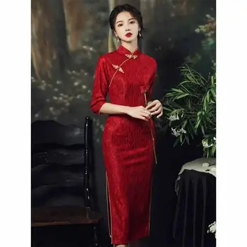 Tradičné Ženy Cheongsam Sexy Štíhla Kvet Qipao Klasické Červené Nevesta Svadobný Prípitok Vestidos Čínsky Dámske Večerné Party Šaty