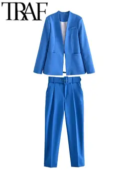 TRAF 2023 Jar Žien Office Suit Y2K Dlhý Rukáv Saka Pantsuit Jednoduché jednofarebné Vyhovovali Fit Kabát Top Nohavice 2 Ks Súpravy