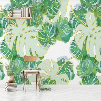 wellyu Nordic minimalistický čerstvé tropické listy zlaté lístie, TV joj, steny vlastné veľké nástenné zelená tapeta
