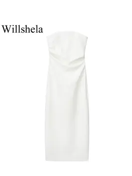 Willshela Ženy Fashion White Skladaný Späť Na Zips Štrbinou Midi Vintage Šaty Bez Ramienok Lomka Krku Žena Lady Chic Šaty